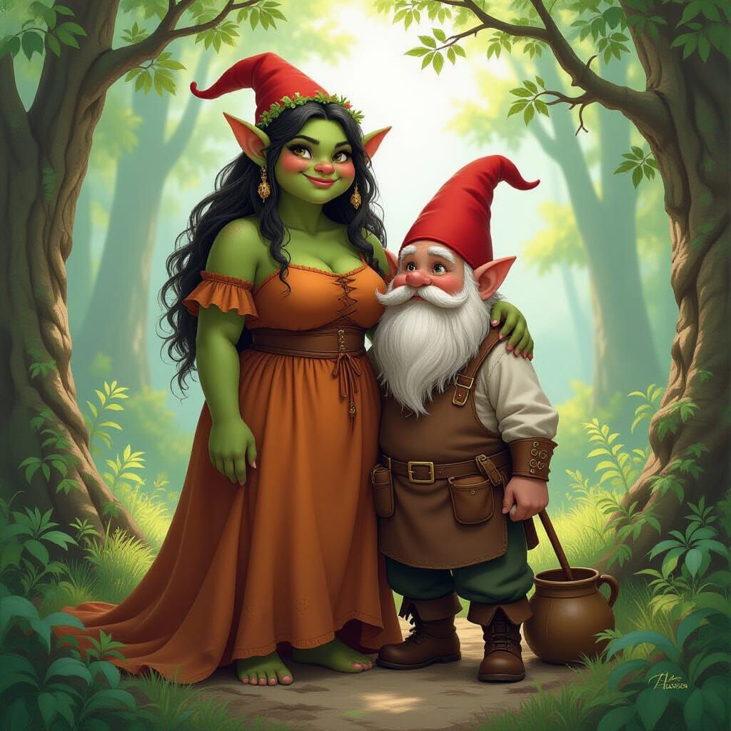 Troll and Gnome in Lush Forest, Whimsical Fantasy Art