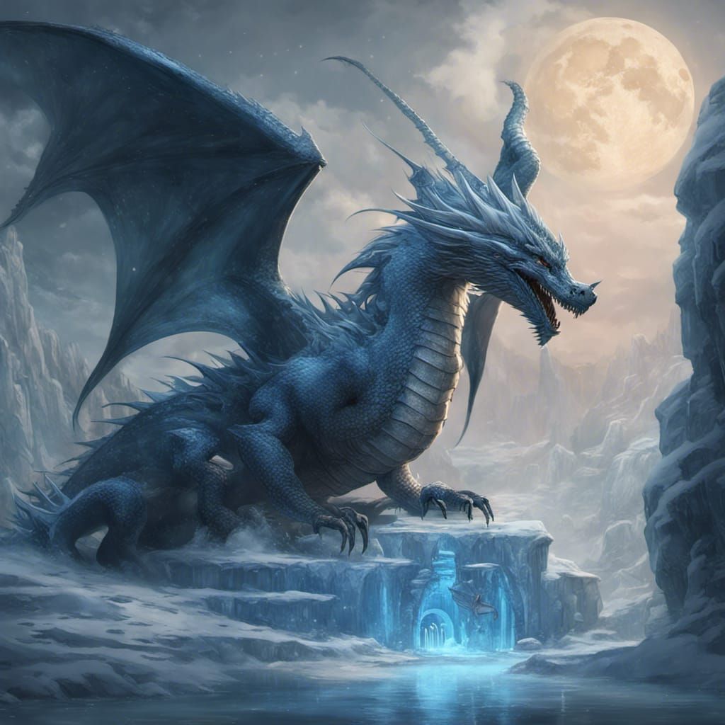 Great Blue Dragon in Icy Fantasy Landscape