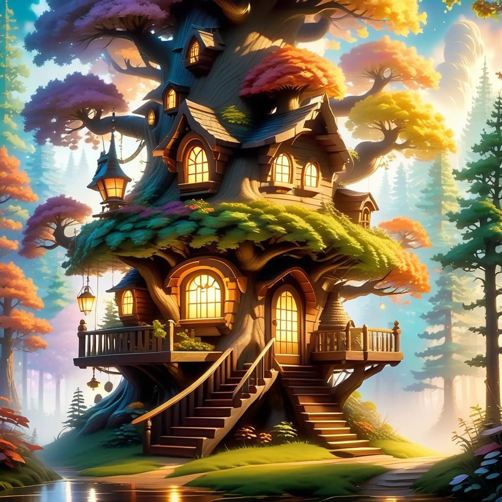 Enchanted Treehouse Fantasy Art with Squirrel Creature