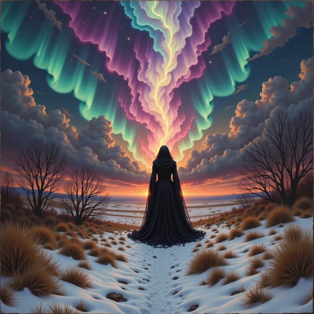Gothic Witch on Windswept Moor Under Aurora Sky