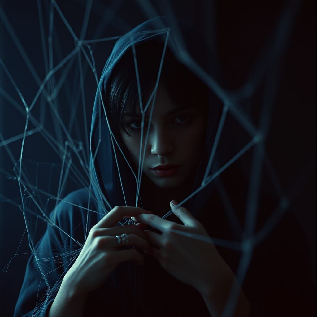 Dark Woman Weaving Deceit in Cinematic Film Still