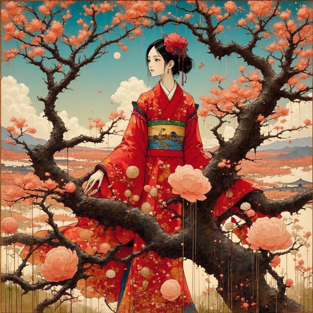 Serene Japanese Woman Amidst Blooming Spring Trees in Elegan...