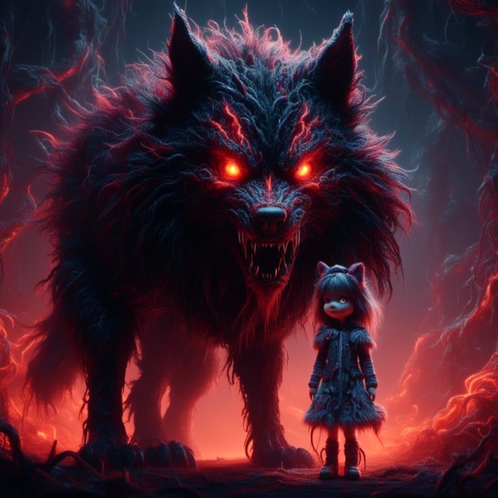 Girl with Dark Wolf Demon in Horror Style