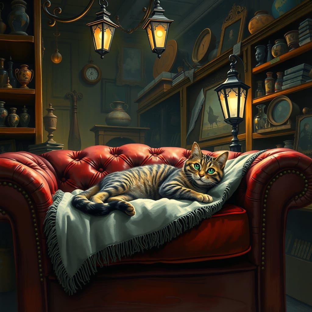 Emerald Eyed Cat on Antique Chesterfield Sofa