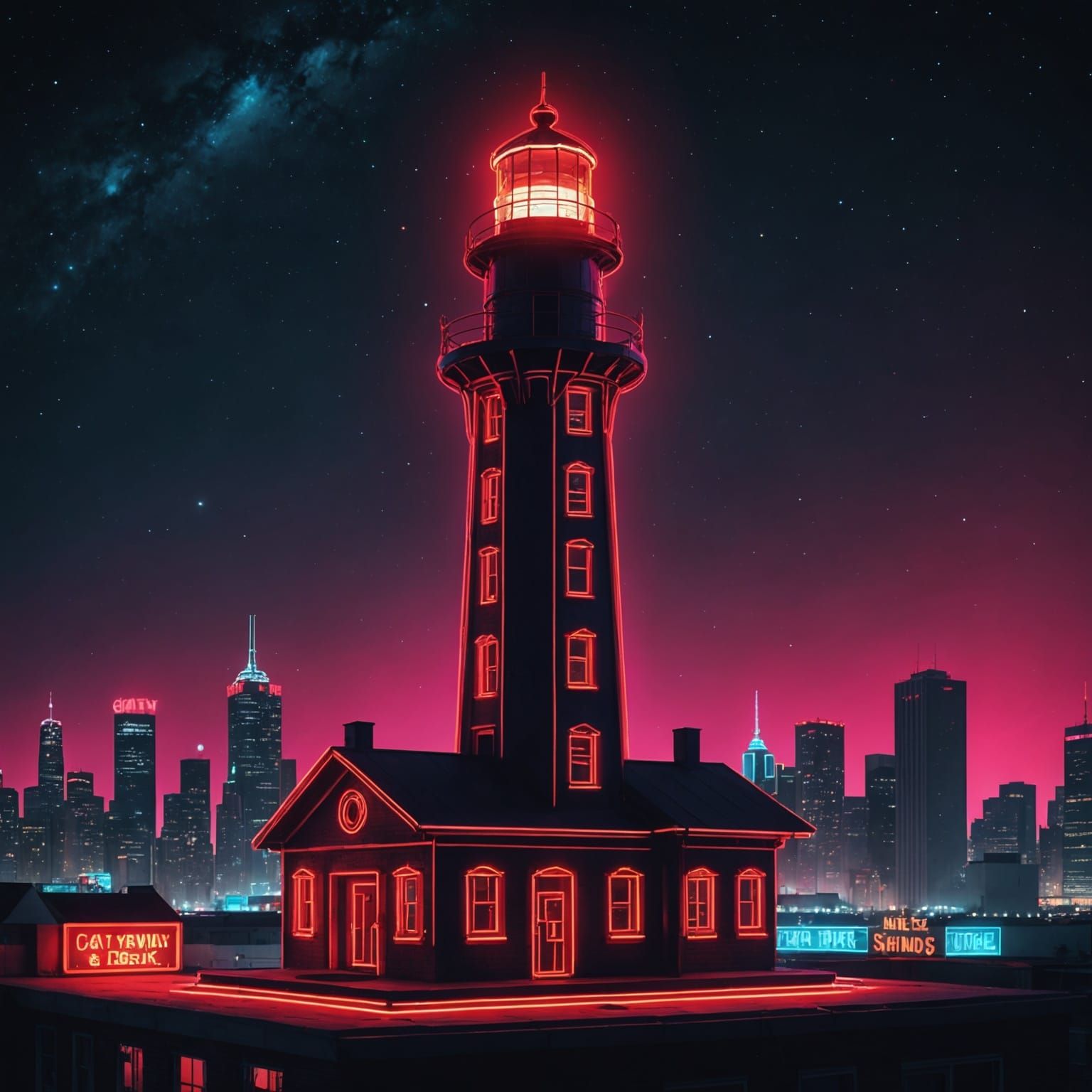 Neon Lighthouse Shines Over City Skyline