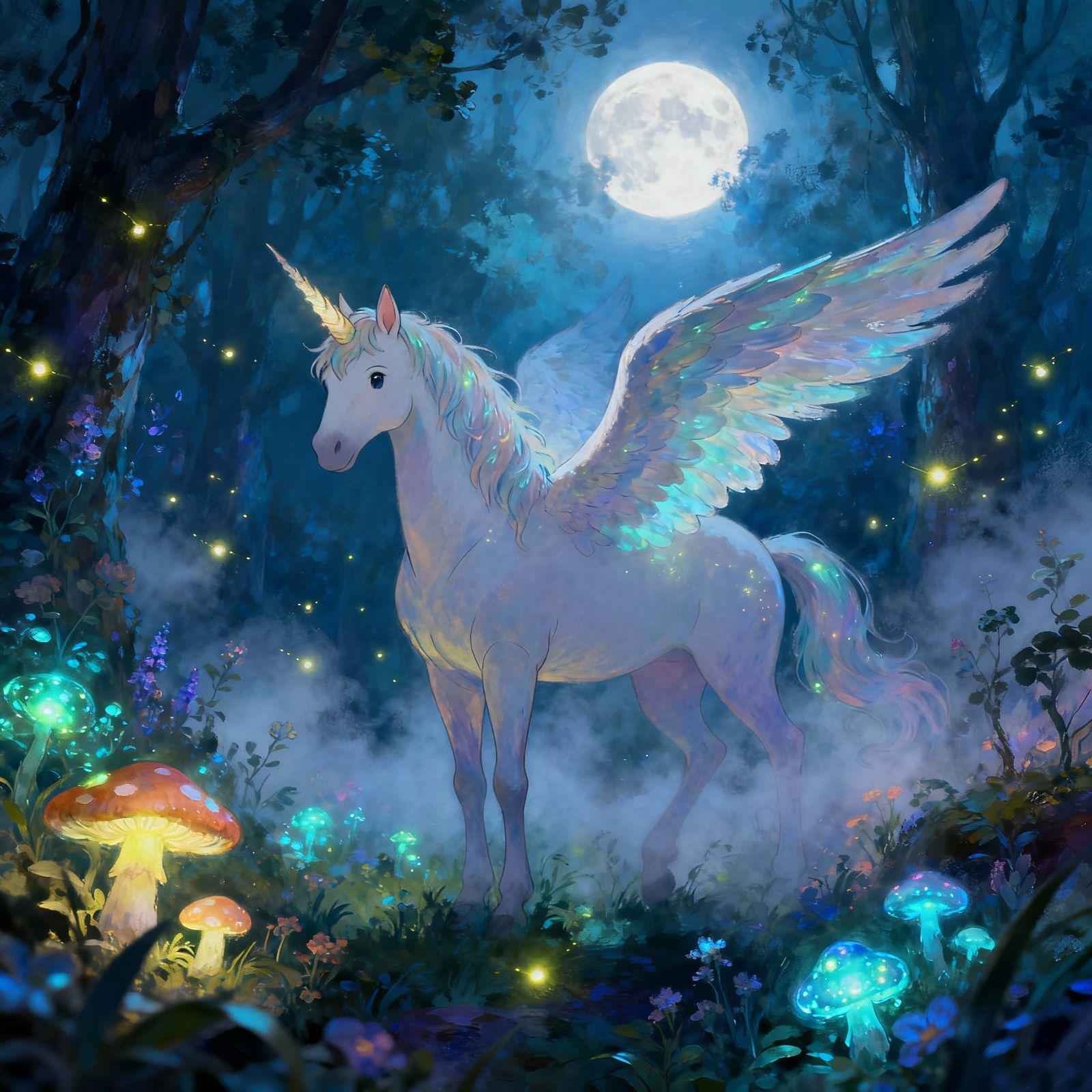 Enchanting Forest with Winged Unicorn and Bioluminescent Pla...