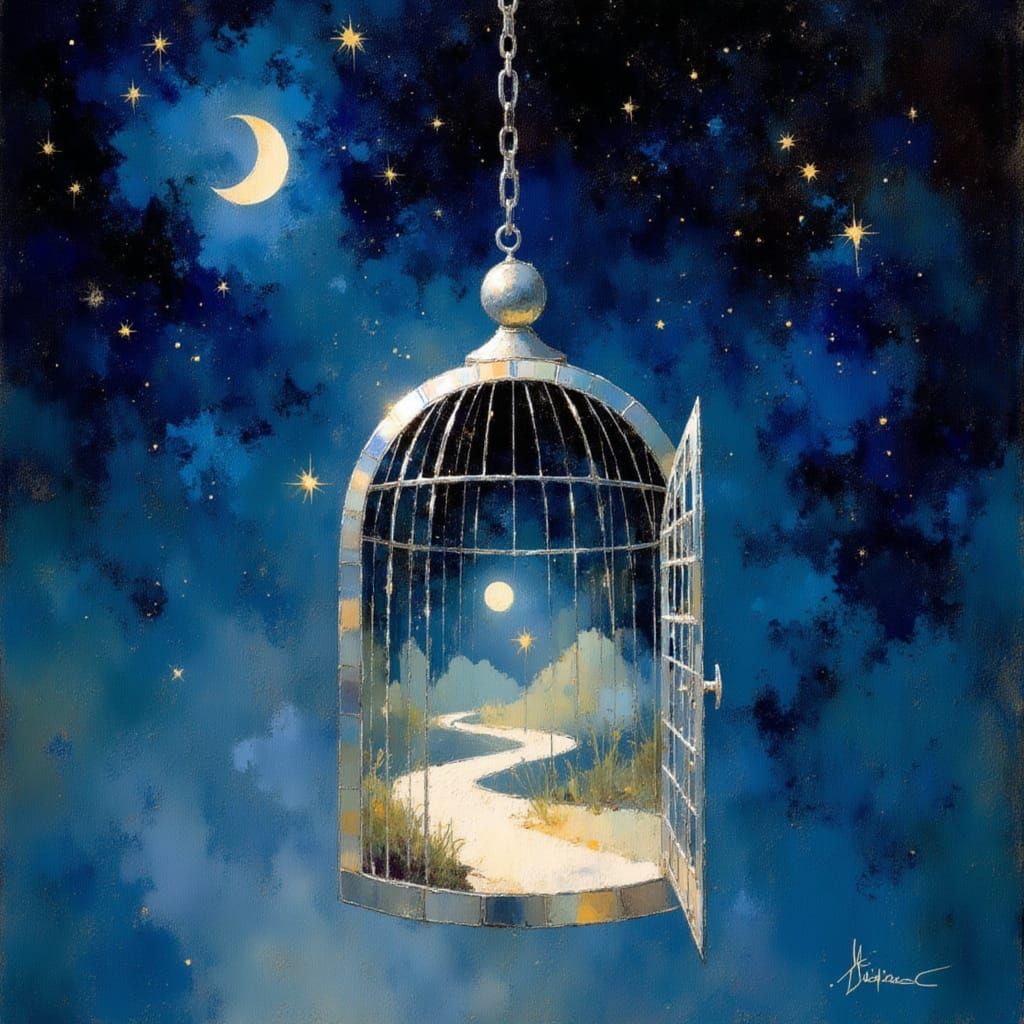 Surreal Birdcage Landscape with Wanderer Among Stars