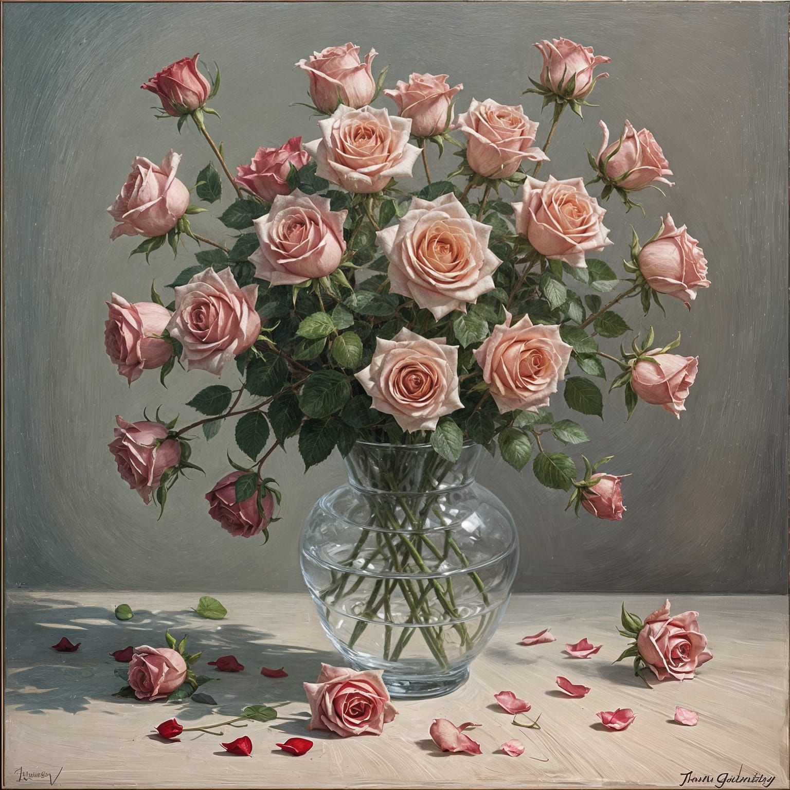 Heart Roses in Vase: Oil Painting