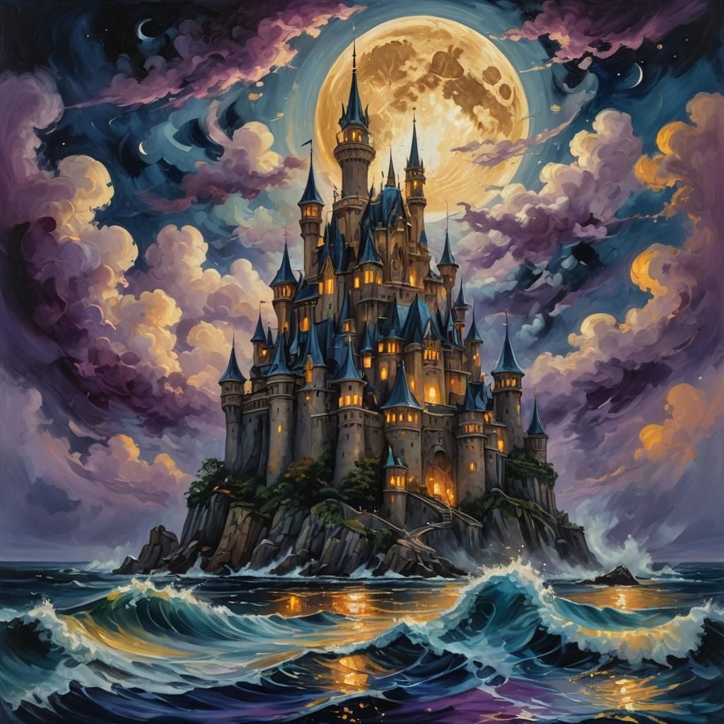 Moonlit Castle Seascape in Oil Painting Style