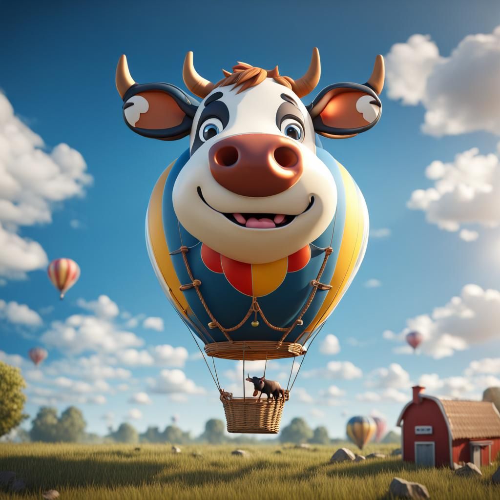 A cow-shaped hot air balloon floating in the blue sky center...