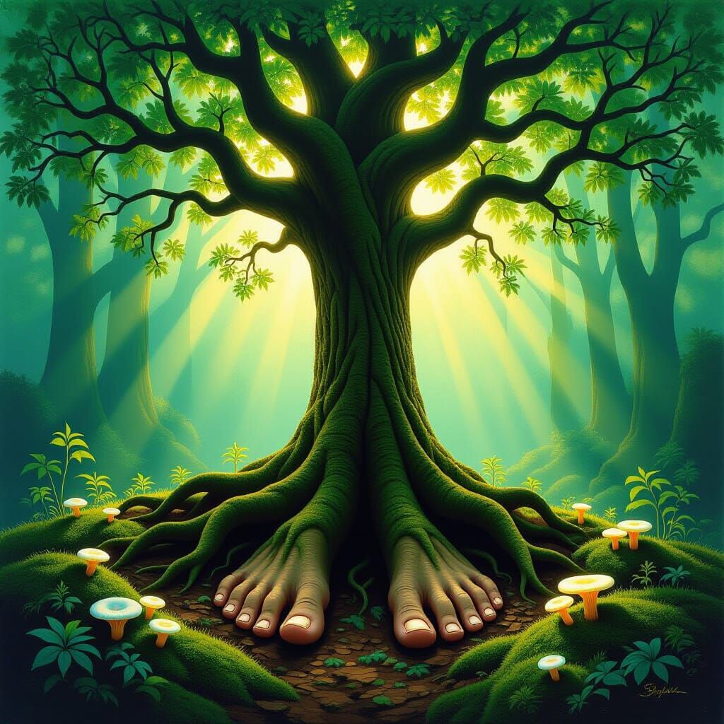 Surreal Tree With Human Toe Roots in Sunlit Forest