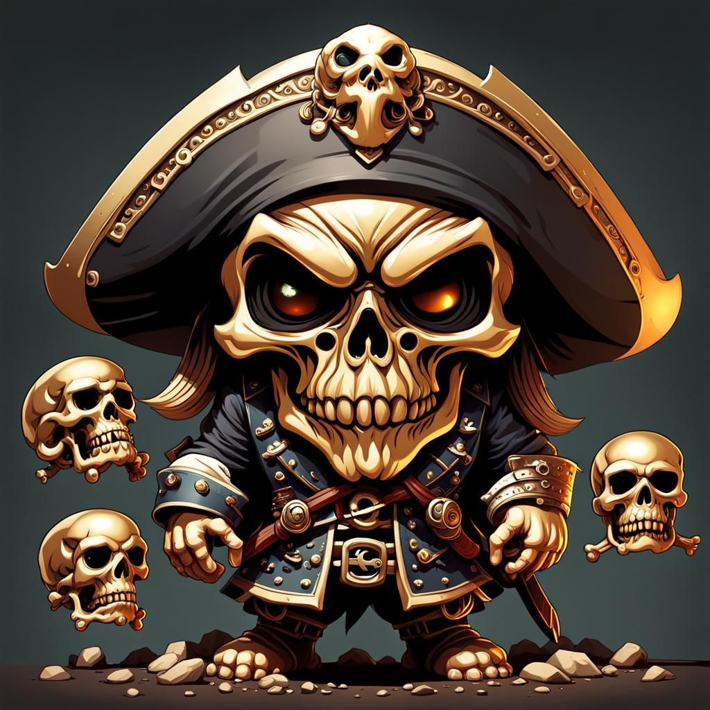 Chibi Pirate with Skullface in Watercolor Style