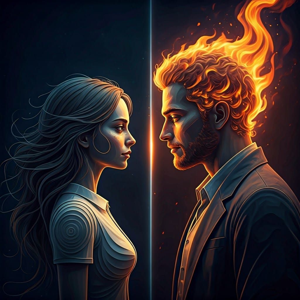 Paper Woman and Fire Man Divided by Glass