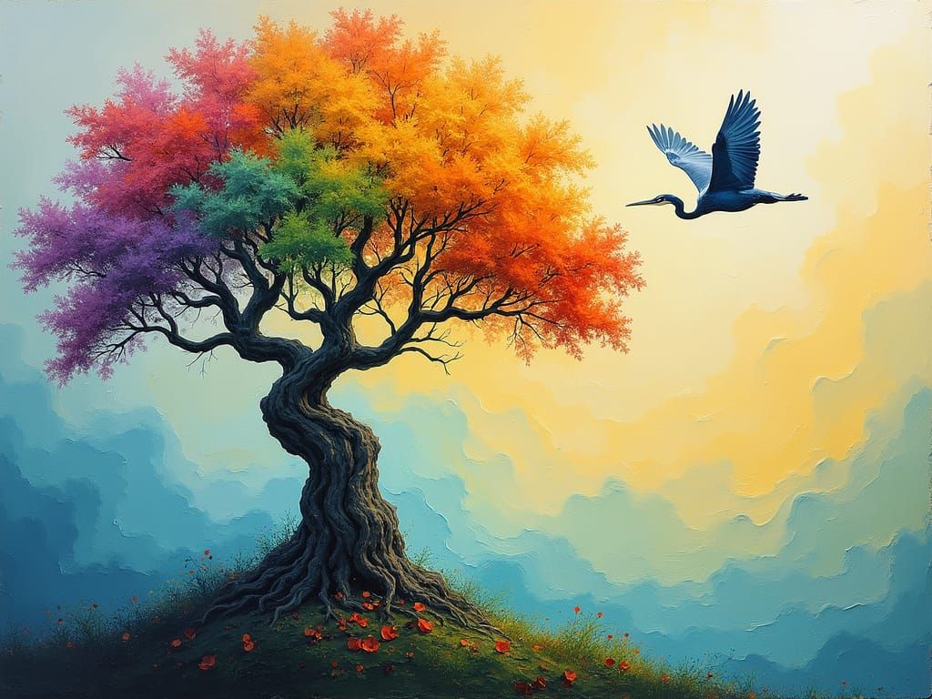 Rainbow Maple Tree with Blue Bird in Pastel Resin Style