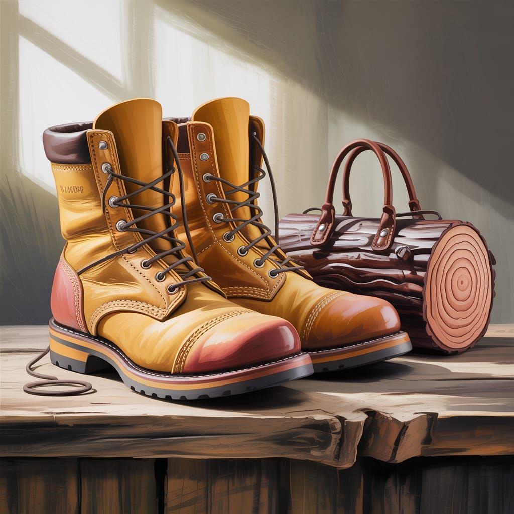 Logger Boots and Log Purse Still Life