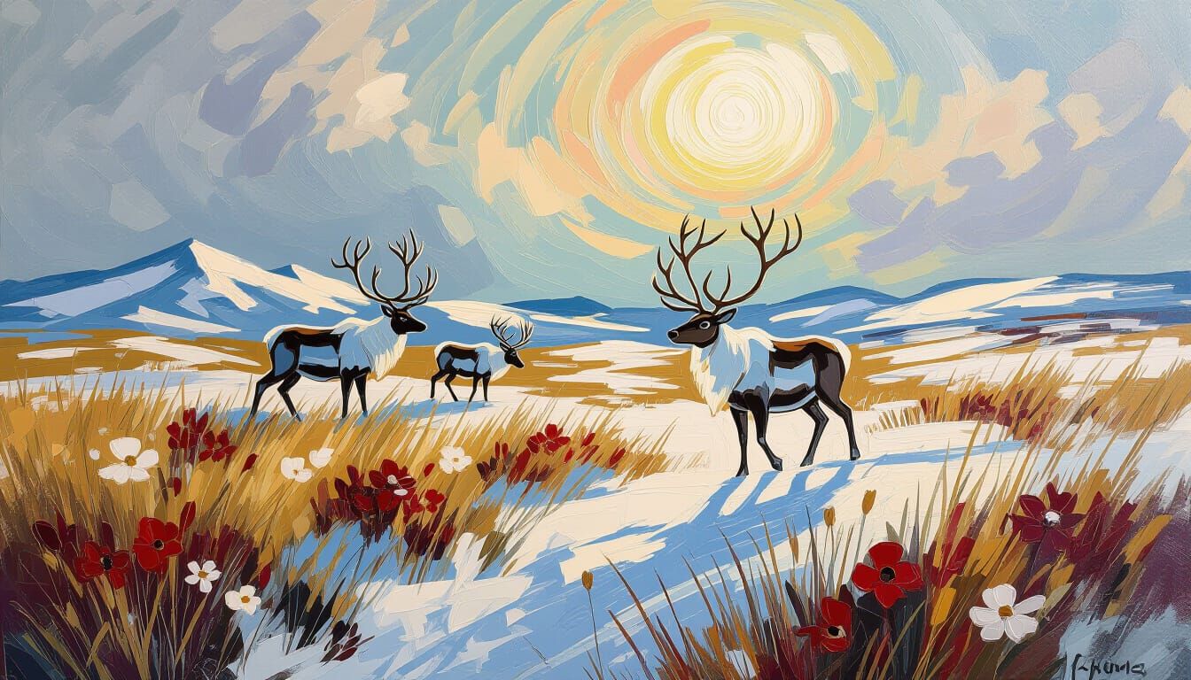 Windswept Tundra with Reindeer in Van Gogh Style