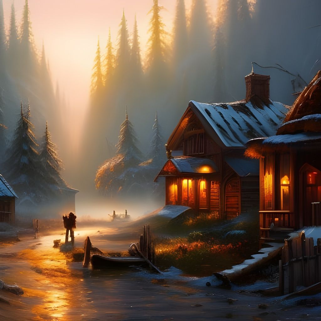 Sparkling Winter Village: Greg Rutkowski Style Fantasy