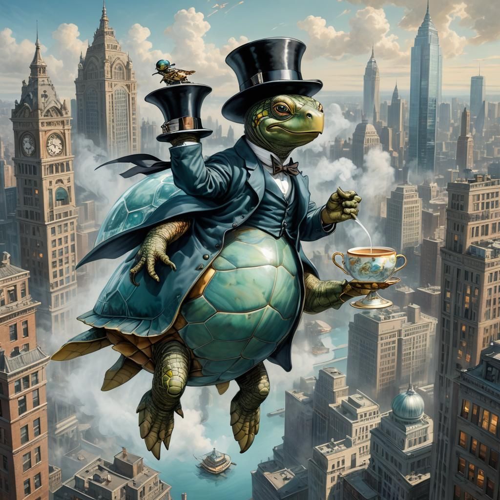 Victorian Gentleman Rides Flying Turtle Over City