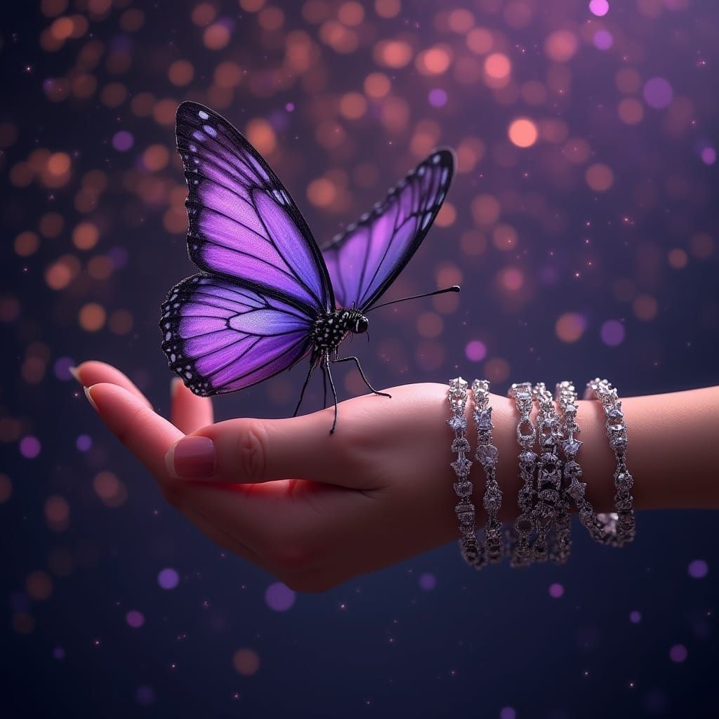Butterfly on Bracelet in Fireworks, Photorealistic Style