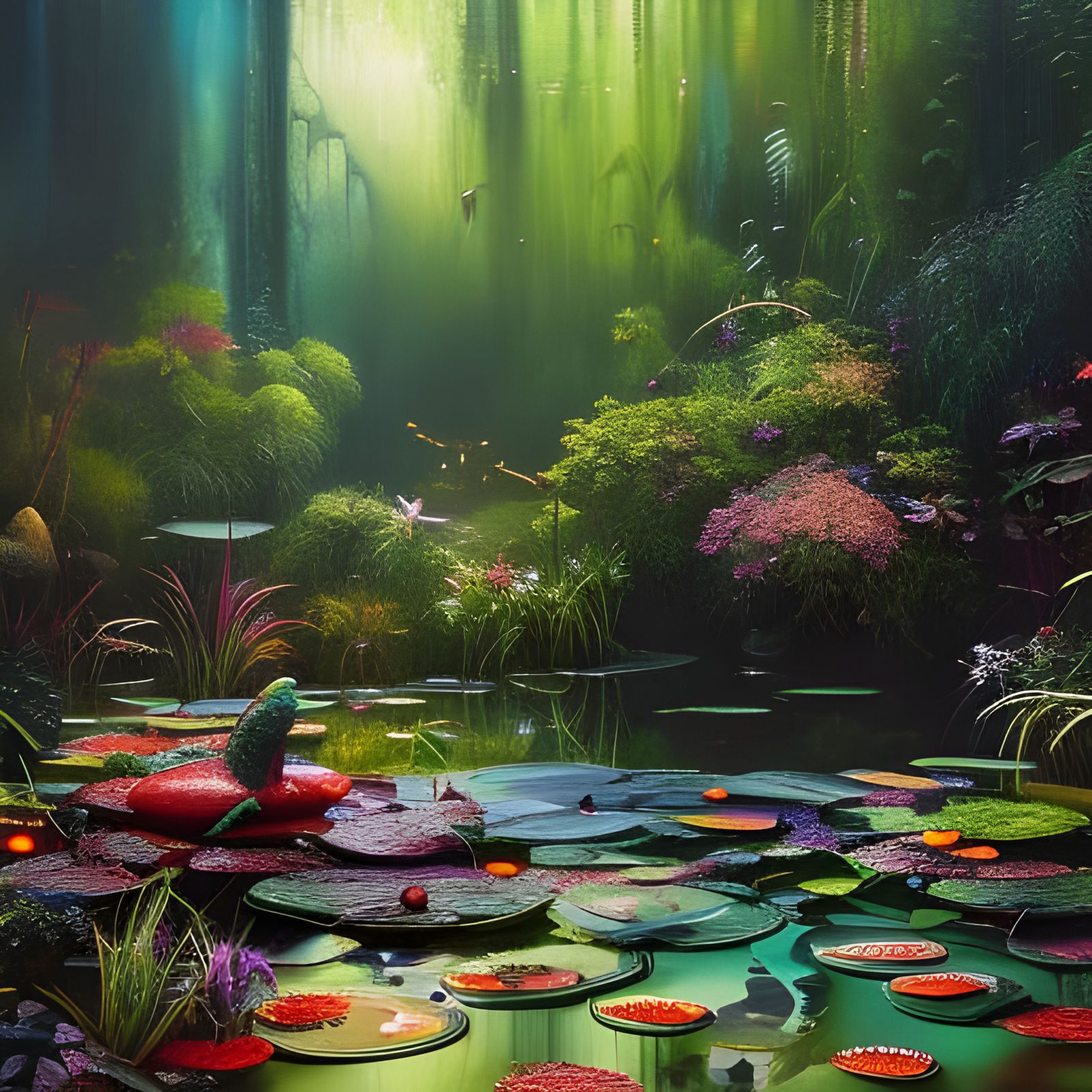 Cyberpunk Frog in Pond Oasis Painting