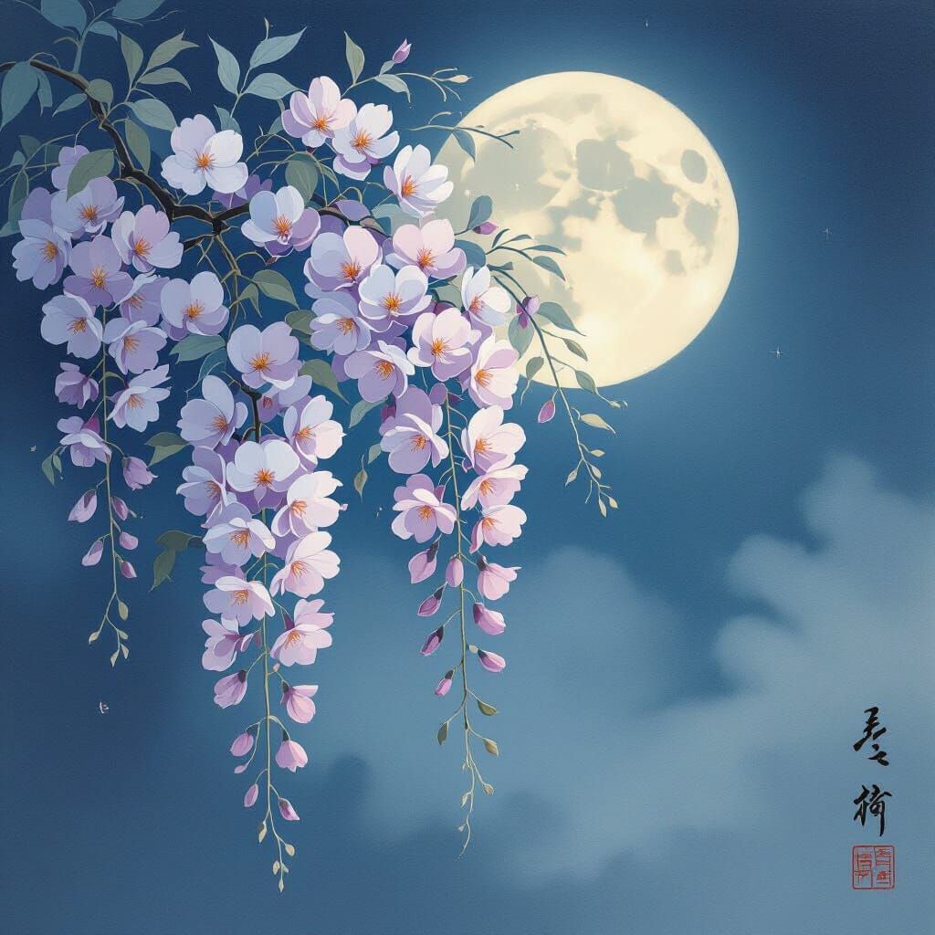 Wisteria Flowers in Moonlight: A Ukiyo-e Scene