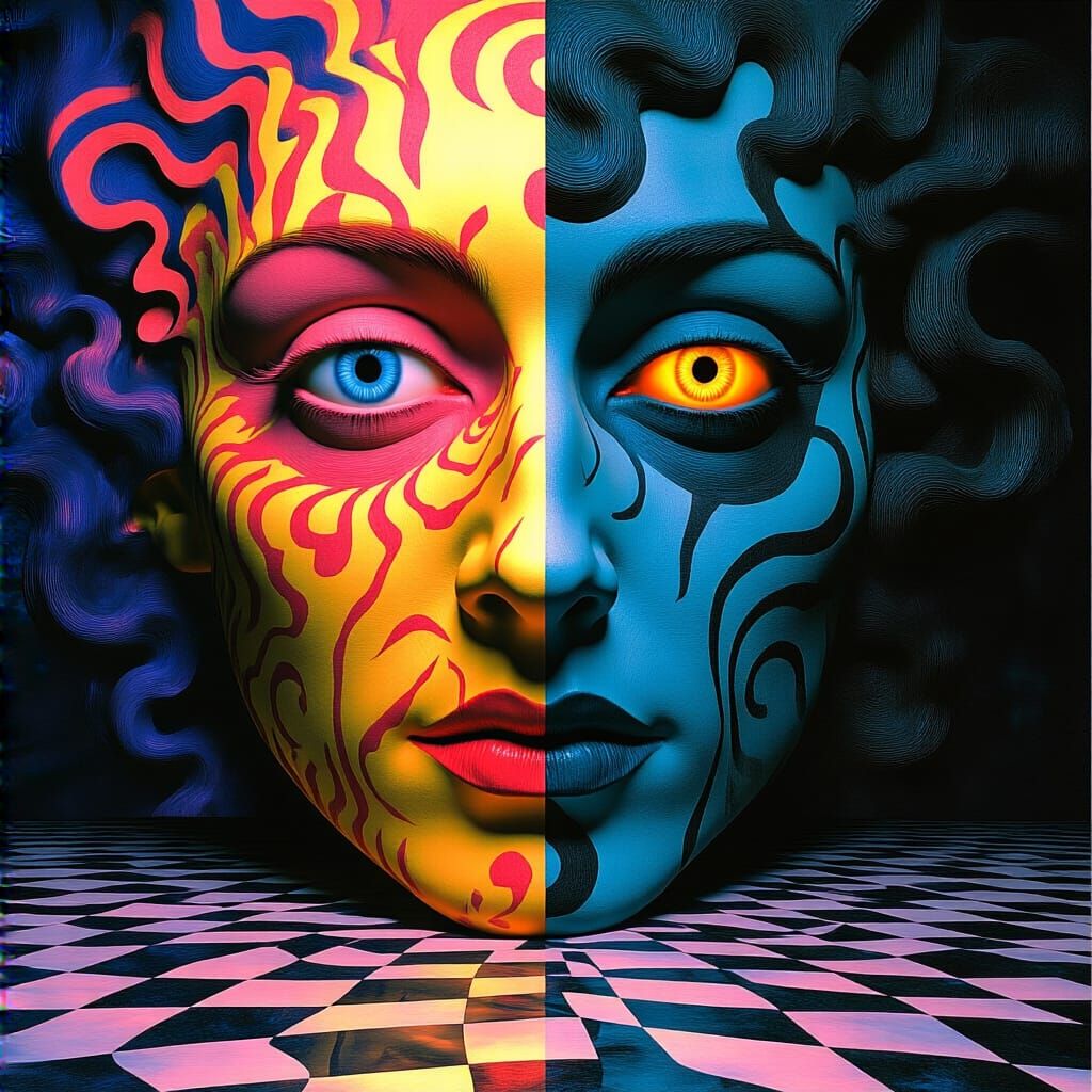 split image good evil glowing  polychrome whirlingtons 3D  m...