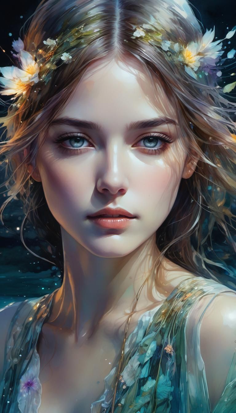 Bioluminescent Waterscape at Night in Watercolor Style