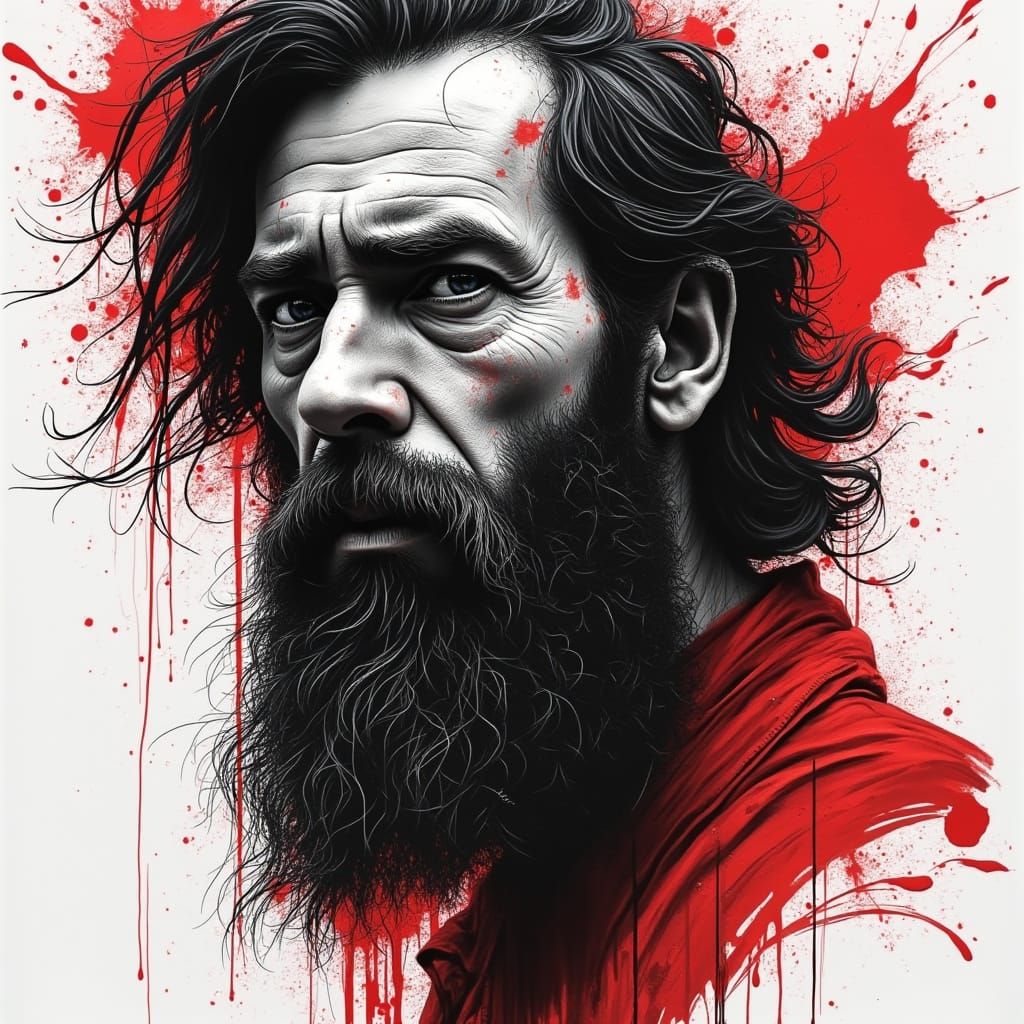 Dramatic Ink Portrait of Bearded Man