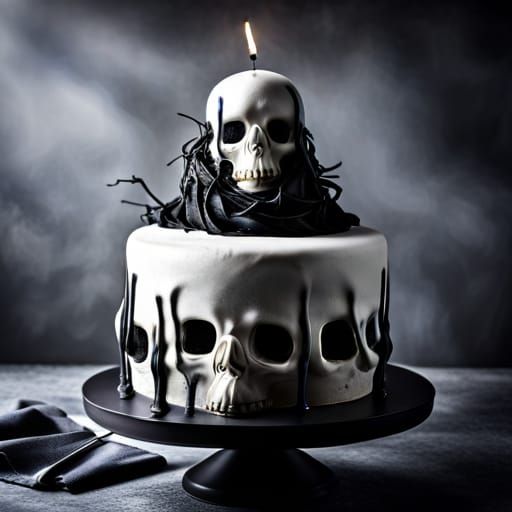 Gothic Black and White Cake with Skull Candle