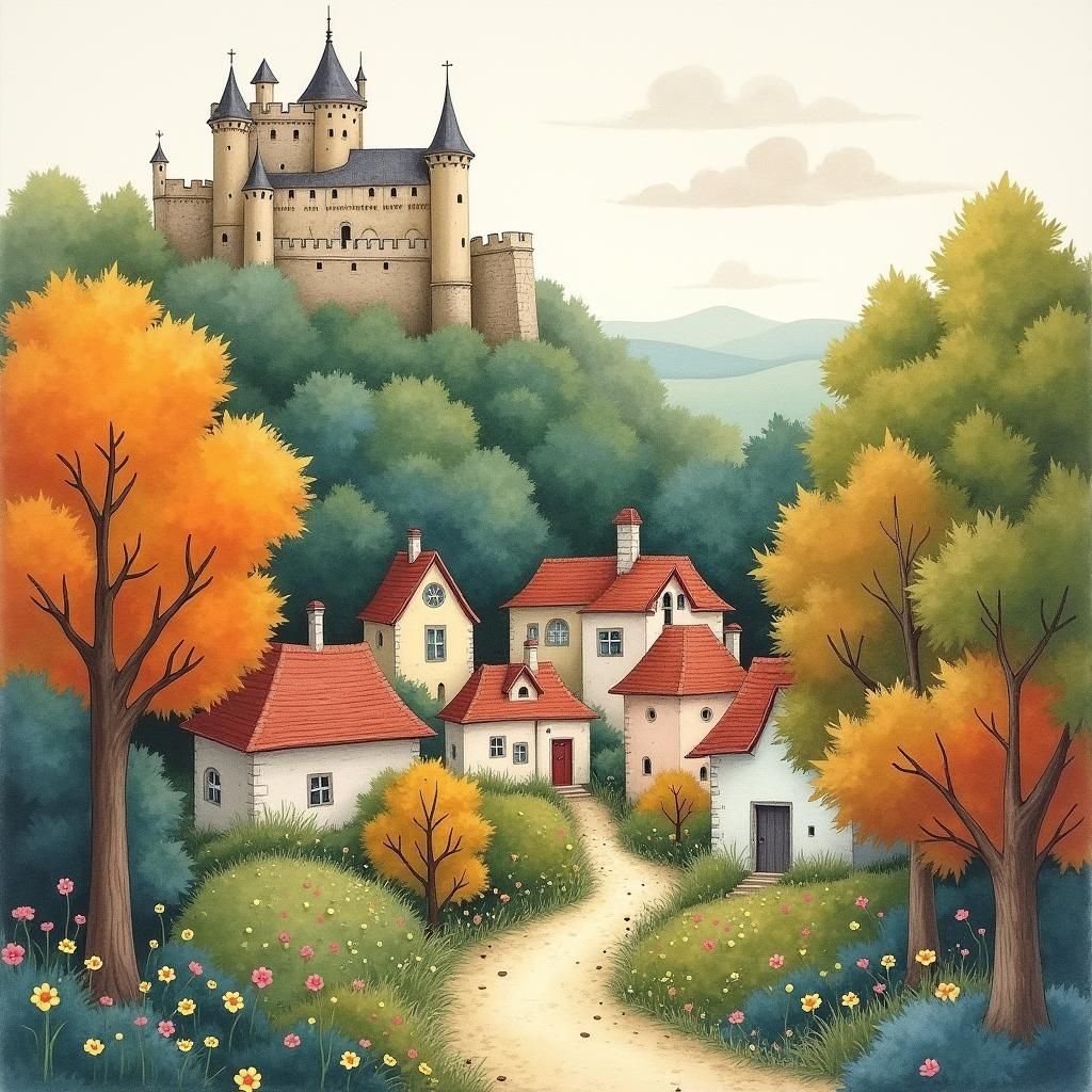 Whimsical Town with Ancient Castle: Dreamy Watercolor Landsc...