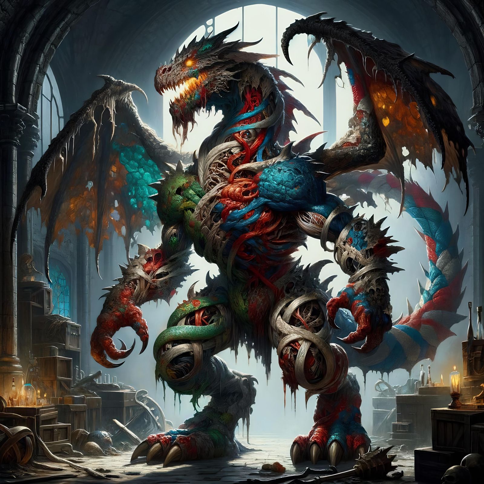 Dragonflesh Golem: Epic Fantasy Construct in Dark Laboratory