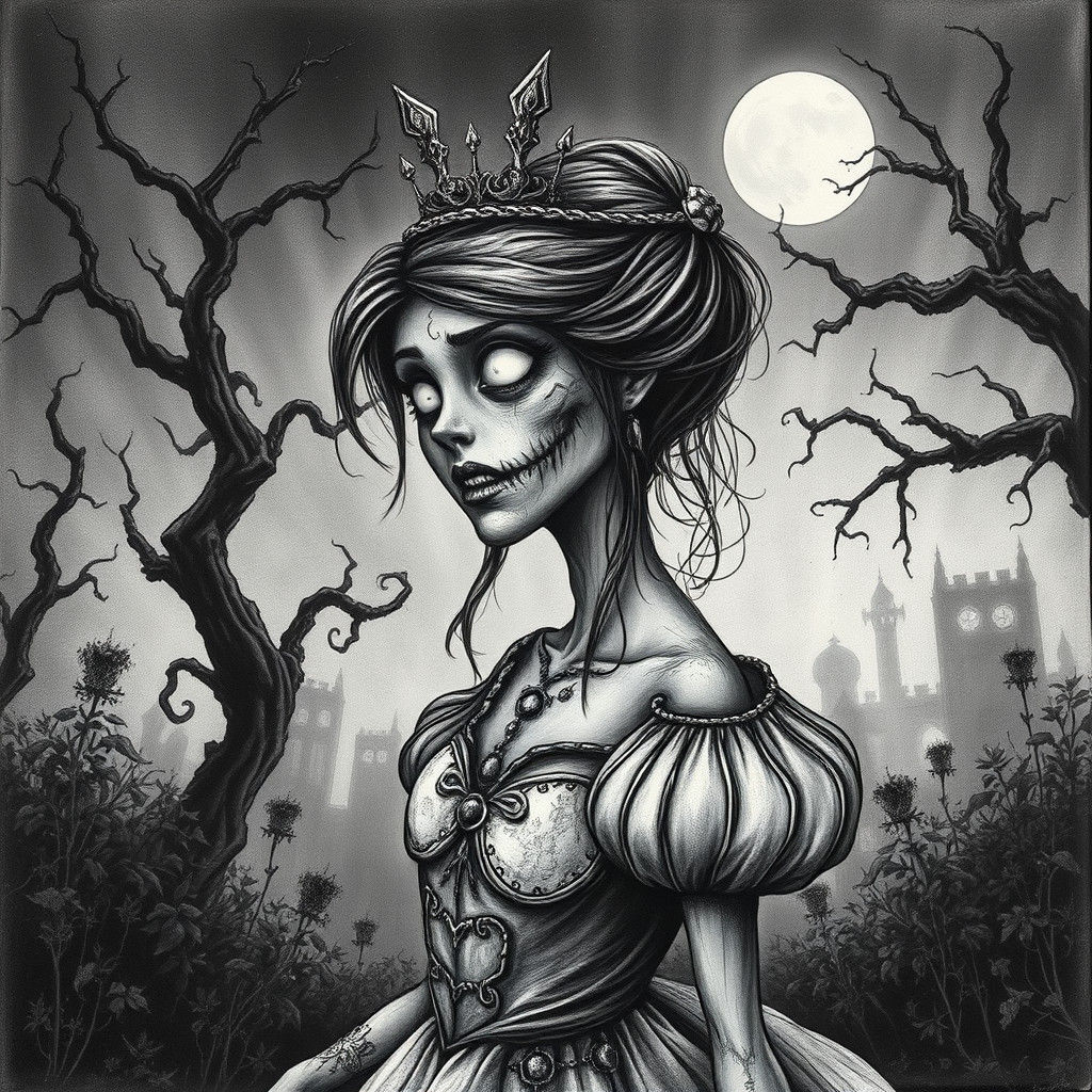 Zombie Disney Princess in Dark Fantasy Charcoal Art