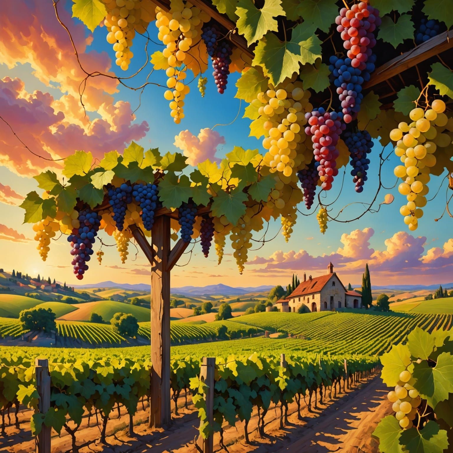 Whimsical Vineyard Dreamscape in Vibrant, Surreal Style