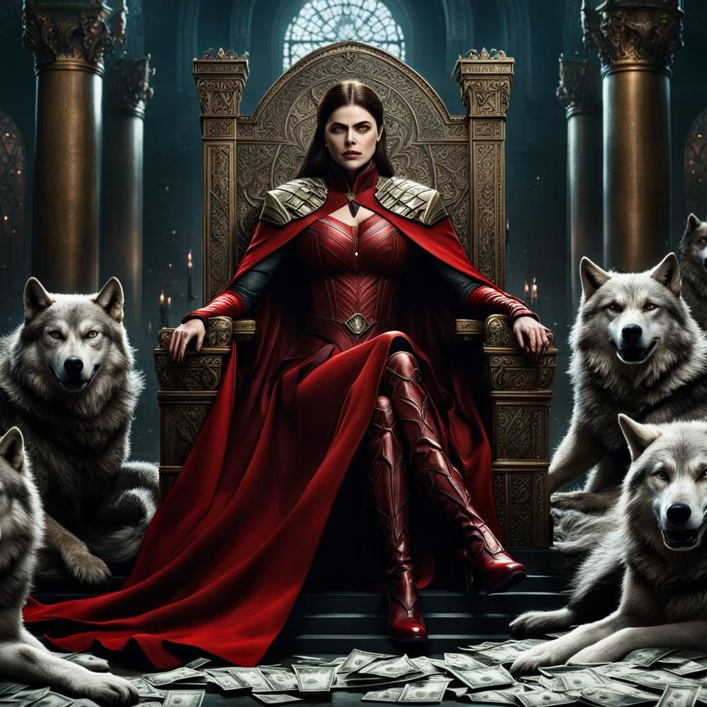 Queen in Red Armor on Throne with Wolves