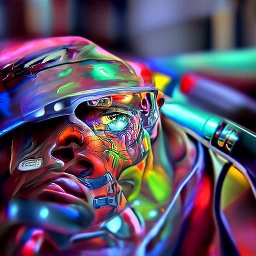 Hyperrealistic Cyborg Soldier in Psychedelic Woodcut Style