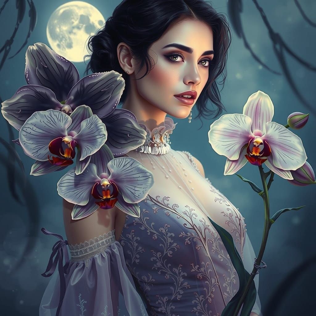 Ethereal Moonlit Garden Scene with Black Orchid