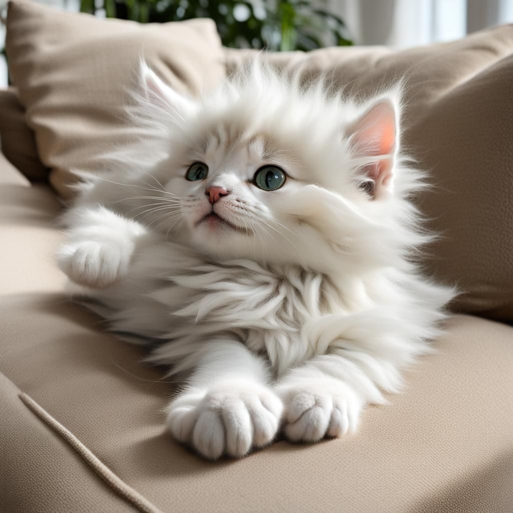 Fluffy Kitten Relaxing on Sofa