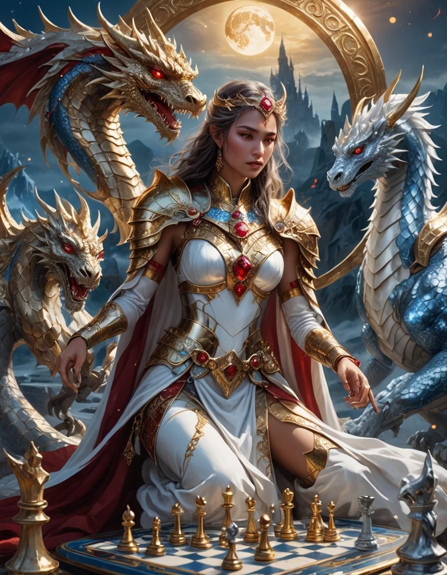 Goddess Plays Chess with Moon Dragon: Fantasy Art