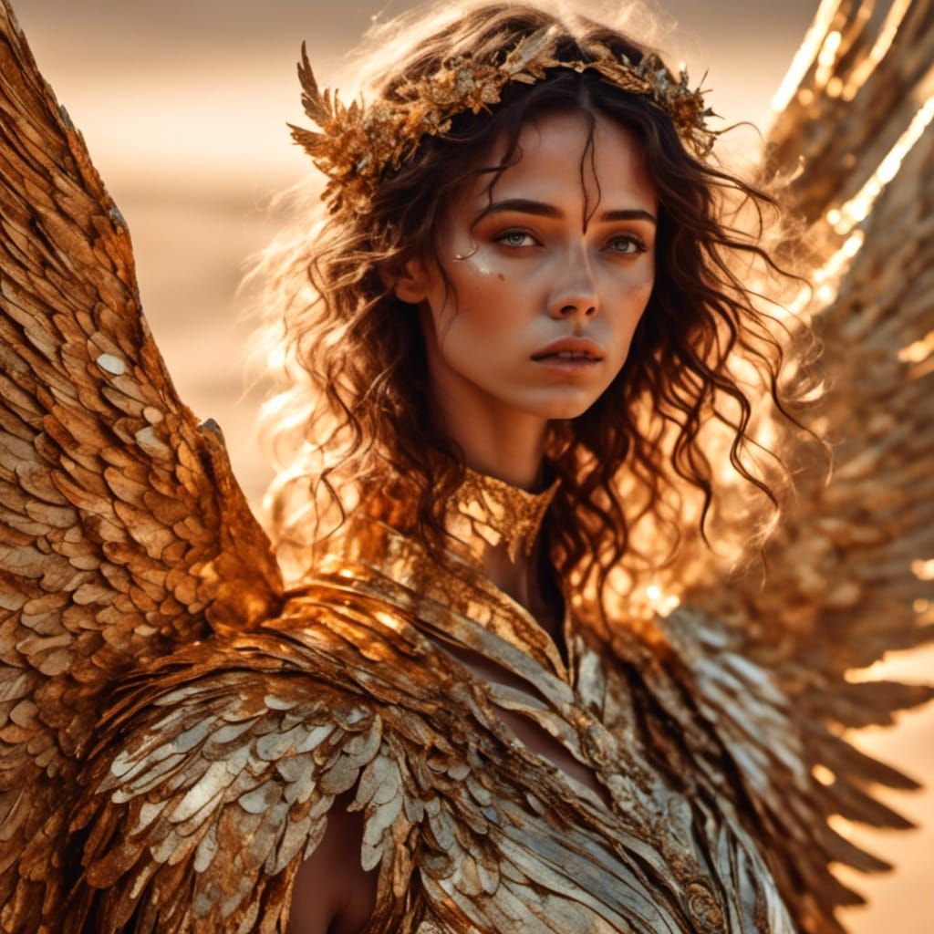 Golden Angel With Broken Wings in Desert Oil Painting