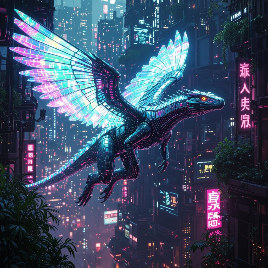 Cyberpunk Reptile Soars Through Alien Metropolis