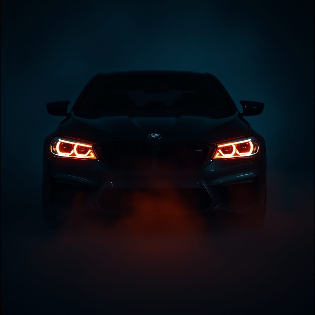 BMW M5 in Darkness with Neon Headlights