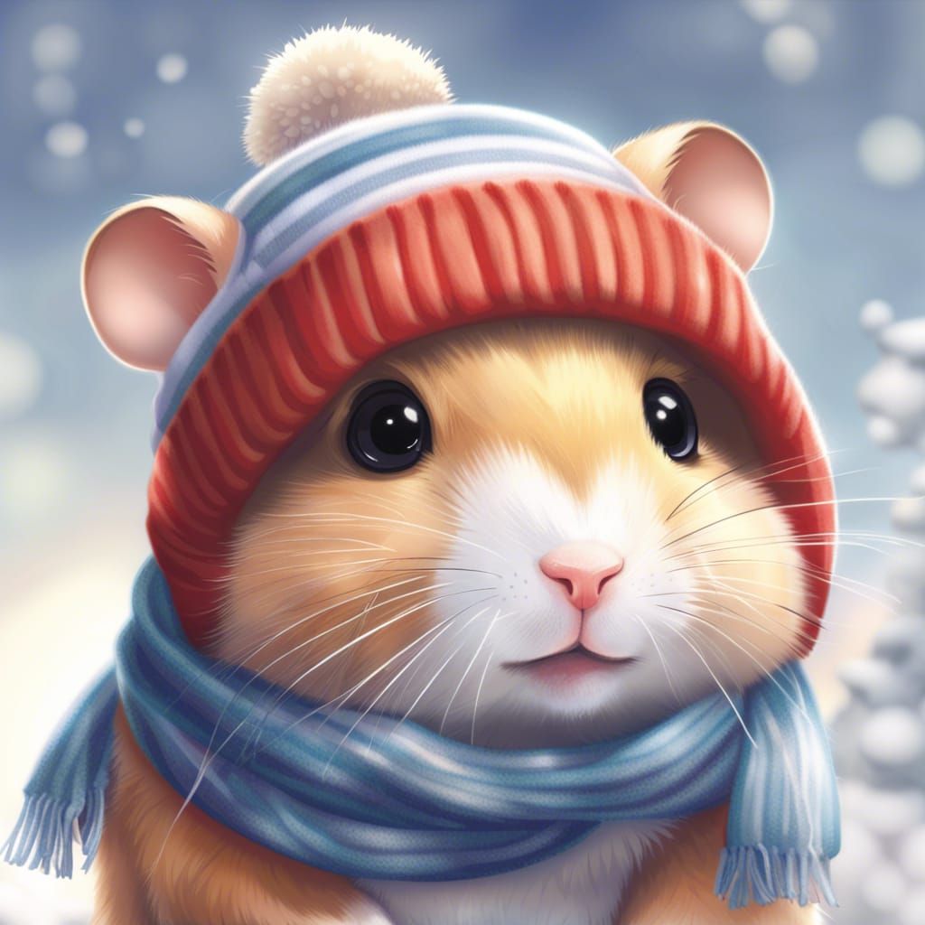 Cute Hamster in Winter Hat: Anime Comic Art