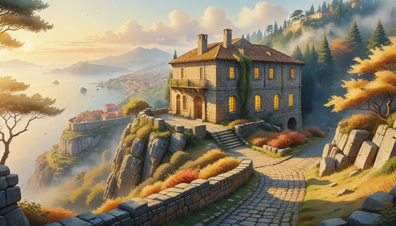 Ancient Roman Villa Amidst a Misty Forest Landscape