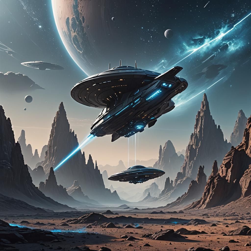 Futuristic Spaceship over Alien Landscape in Black and White