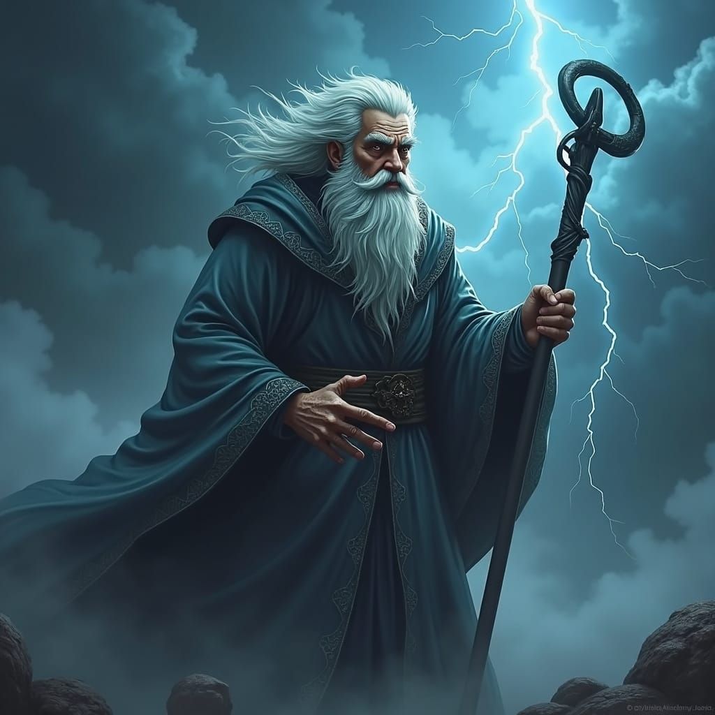 Intimidating Wizard Amidst Stormy Turmoil