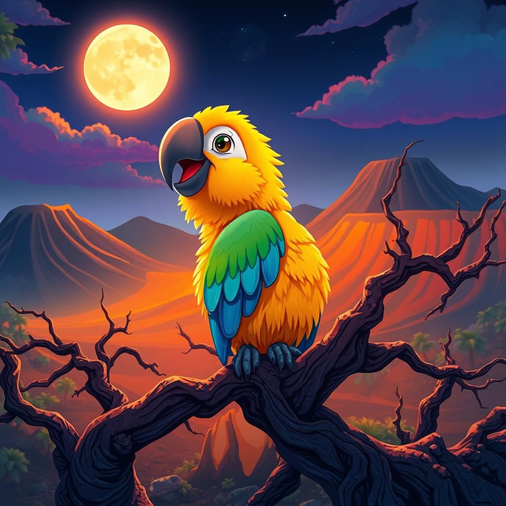 Cartoon Parrot in a Neon Mexican Landscape