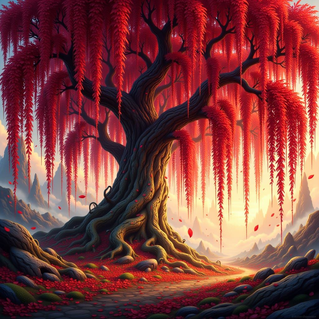 Golden Hour Weeping Willow with Red and Gold Leaves