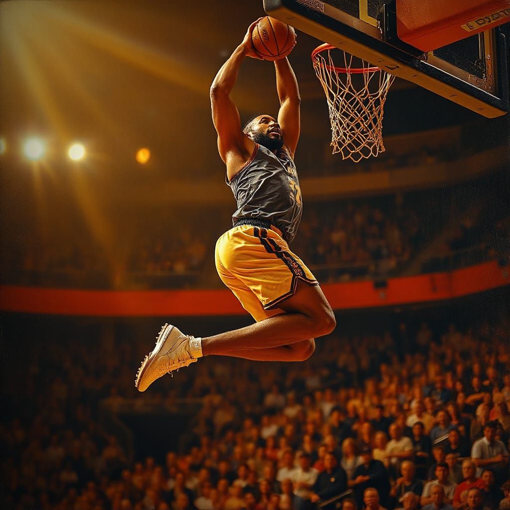 Basketball Player's Slam Dunk: An Impasto Oil Painting