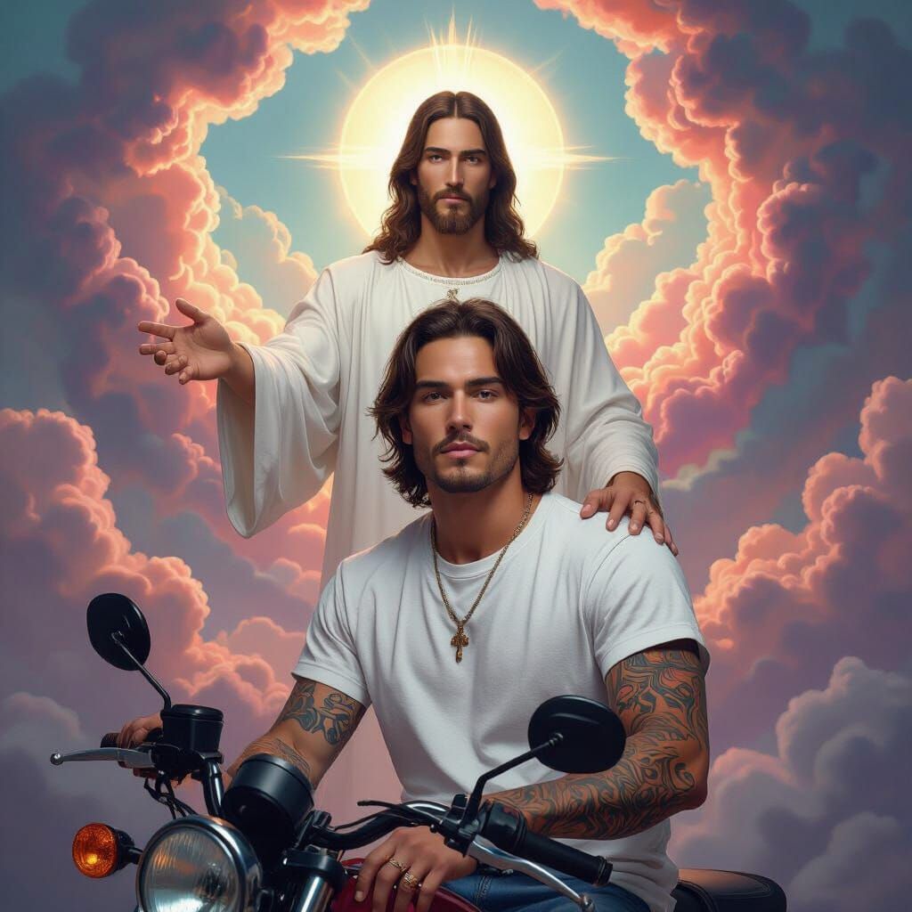 Young Man with Jesus Figure on Motorcycle