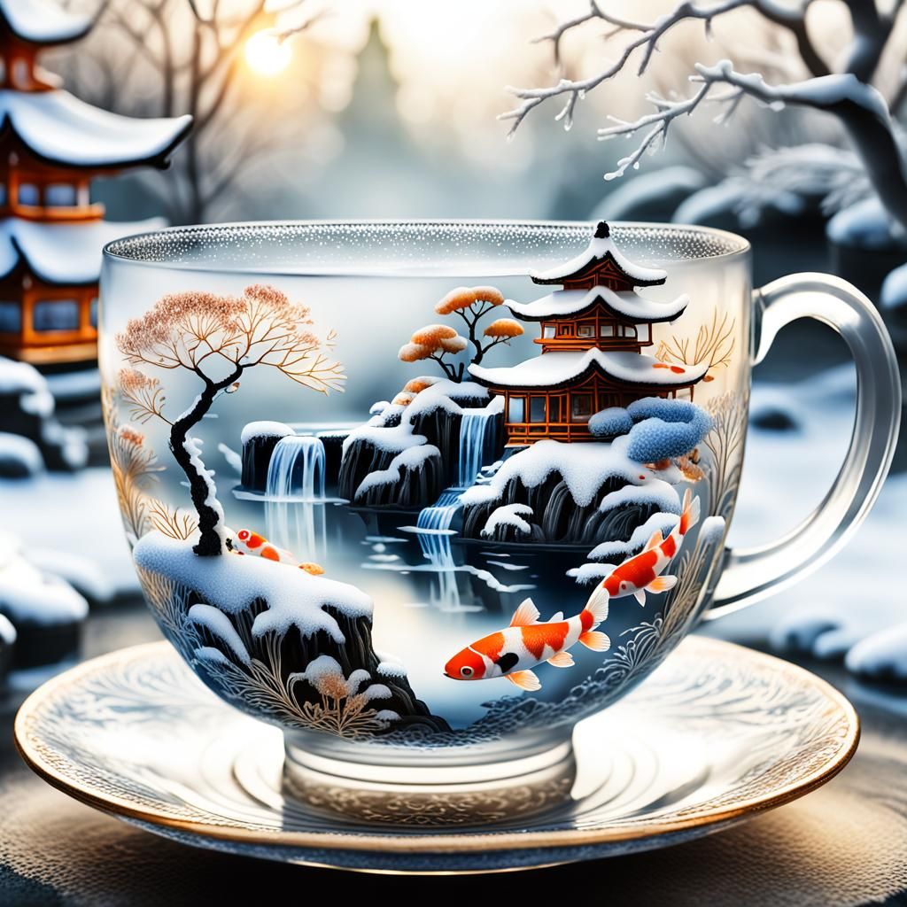 Miniature Winter Garden Inside Japanese Teacup